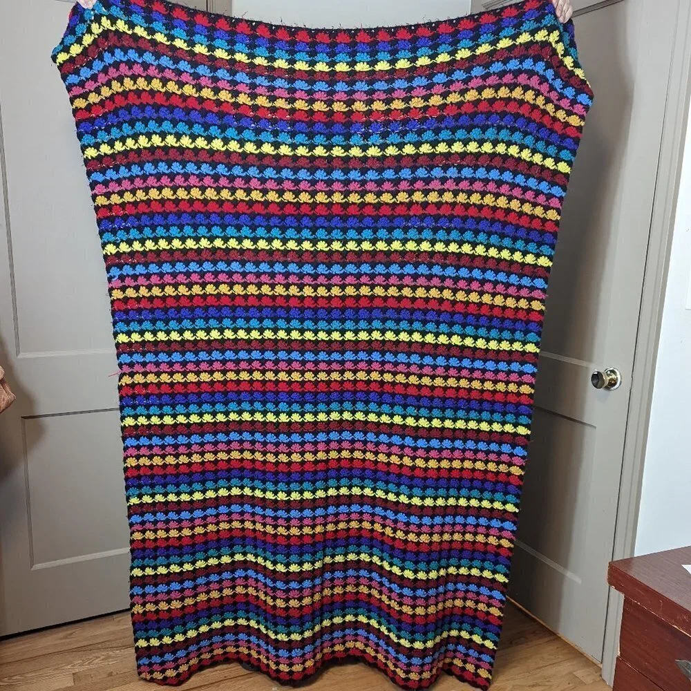 Vintage Rainbow Granny Square‎ Crochet Blanket Afghan Midcentury Handmade Boho